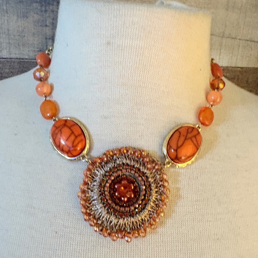 Orange Beaded Statement Necklace Boho Medallion Faux Turquoise Gold Tone